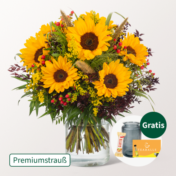 Premiumstrauß Herbstlicht mit Premiumvase & Teaballs & Ferrero Giotto 3er