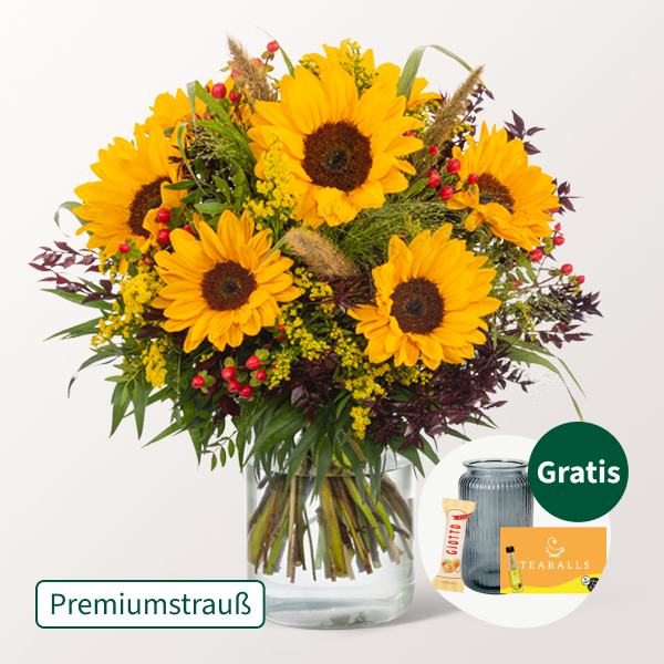 Premiumstrauß Herbstlicht mit Premiumvase & Ferrero Giotto 3er & Teaballs