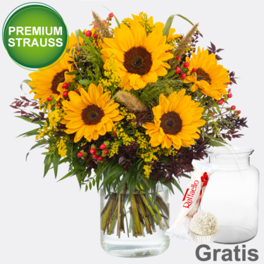 Premiumstrauß Herbstlicht mit Premiumvase & Ferrero Raffaello
