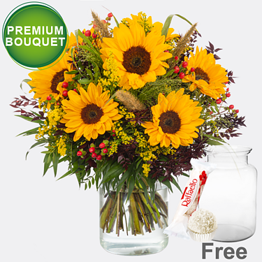 Premium Bouquet Herbstlicht with premium vase & Ferrero Raffaello