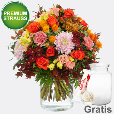 Premiumstrauß Leuchtfeuer mit Premiumvase & Ferrero Raffaello