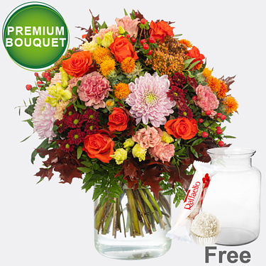 Premium Bouquet Leuchtfeuer with premium vase & Ferrero Raffaello