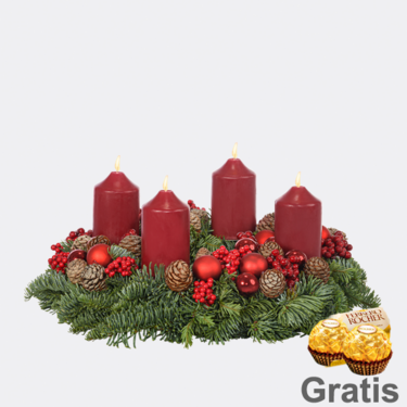 Bordeauxfarbener Adventskranz (Ø 30 cm) mit 2 Ferrero Rocher