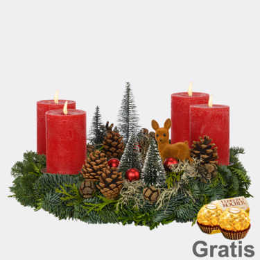 Großer Roter Adventskranz (Ø 40 cm) mit 2 Ferrero Rocher