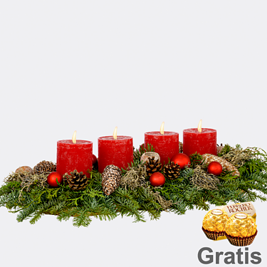 Rotes längliches Adventsgesteck mit 2 Ferrero Rocher