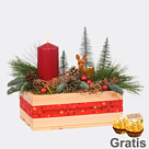 Rotes Adventsgesteck im Holzkasten mit 2 Ferrero Rocher