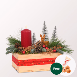 Red Arrangement in Wooden Box with 3 Ferrero Giotto