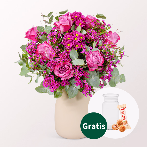 Blumenstrauß Sensation mit Vase & Ballon-Stecker & Ferrero Giotto