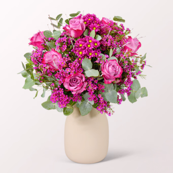 Blumenstrauß Sensation mit SunLolly Himbeere & Vase