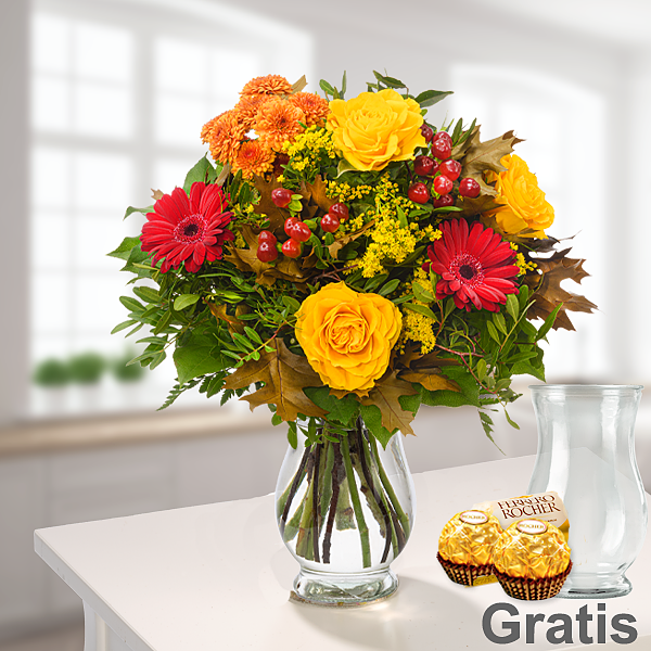 Blumenstrauß Herbstsymphonie mit Vase & 2 Ferrero Rocher
