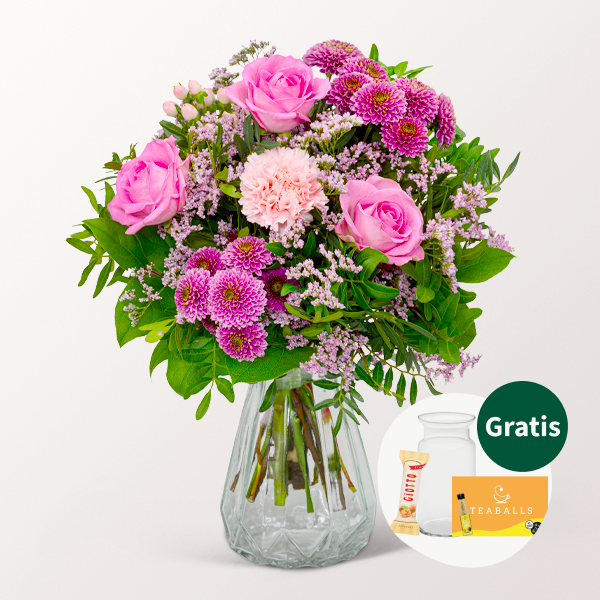 Blumenstrauß Lebensfreude mit Vase & Ferrero Giotto 3er & Teaballs