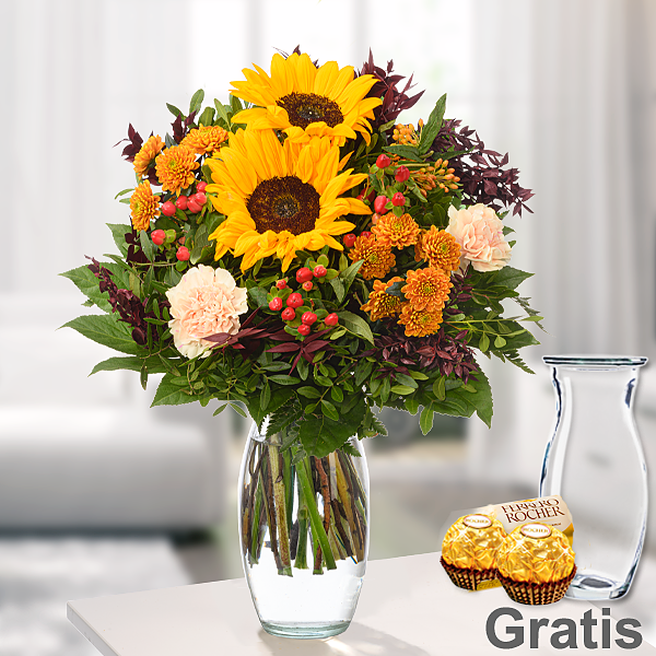 Blumenstrauß Herbstglück mit Vase & 2 Ferrero Rocher