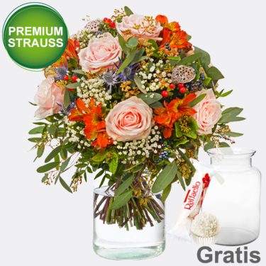 Premiumstrauß Herbstgefühl mit Premiumvase & Ferrero Raffaello