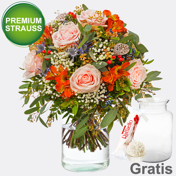 Premiumstrauß Herbstgefühl mit Premiumvase & Ferrero Raffaello