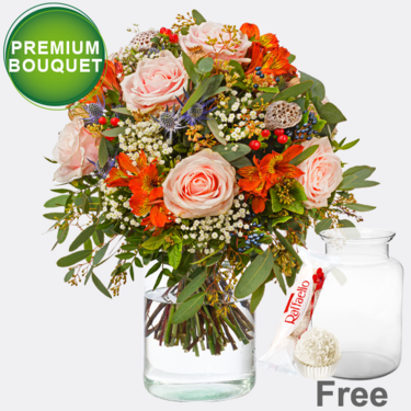 Premium Bouquet Herbstgefühl with premium vase & Ferrero Raffaello