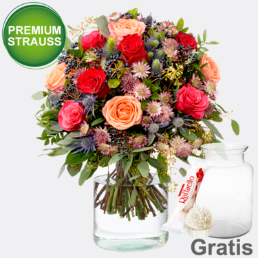 Premiumstrauß Herbstmärchen mit Premiumvase & Ferrero Raffaello