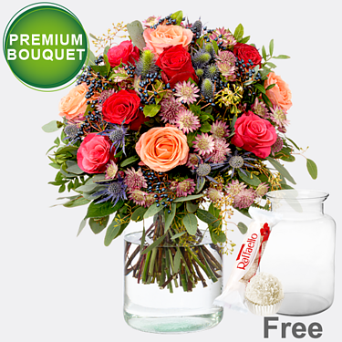 Premium Bouquet Herbstmärchen with premium vase & Ferrero Raffaello
