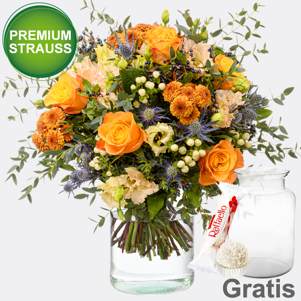 Premiumstrauß Ode an den Herbst mit Premiumvase & Ferrero Raffaello