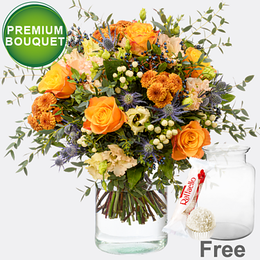Premium Bouquet Ode an den Herbst with premium vase & Ferrero Raffaello
