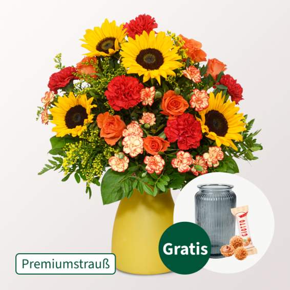 Premiumstrauß Herbstfarben mit Premiumvase & Ferrero Giotto 3er
