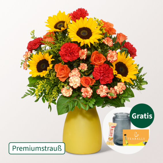 Premiumstrauß Herbstfarben mit Premiumvase & Teaballs & Ferrero Giotto 3er