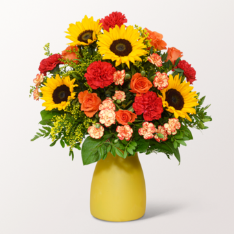 Premiumstrauß Herbstfarben mit Premiumvase & Teaballs & Ferrero Giotto 3er