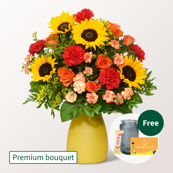 Premium Bouquet Herbstfarben with Premium Vase & 3 Ferrero Giotto & Teaballs