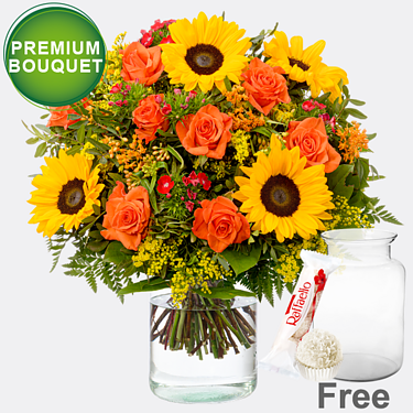 Premium Bouquet Herbstfarben with premium vase & Ferrero Raffaello