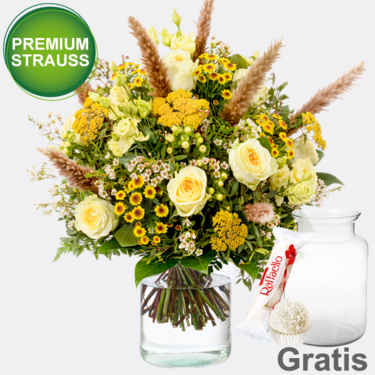 Premiumstrauß Herbstliebe mit Premiumvase & Ferrero Raffaello