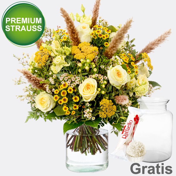 Premiumstrauß Herbstliebe mit Premiumvase & Ferrero Raffaello