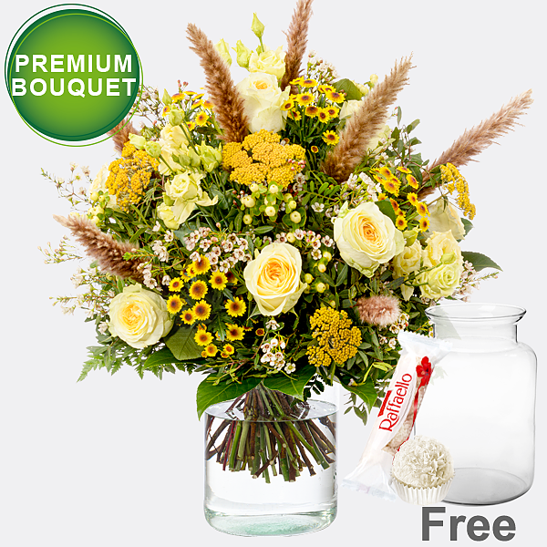 Premium Bouquet Herbstliebe with premium vase & Ferrero Raffaello