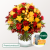 Premiumstrauß Herbstfeuer mit Premiumvase & Teaballs & Ferrero Giotto 3er