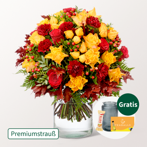 Premiumstrauß Herbstfeuer mit Premiumvase & Teaballs & Ferrero Giotto 3er