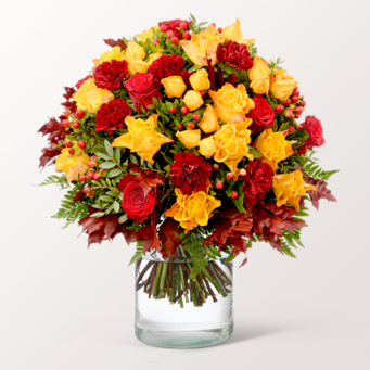 Premiumstrauß Herbstfeuer mit Premiumvase & Teaballs & Ferrero Giotto 3er