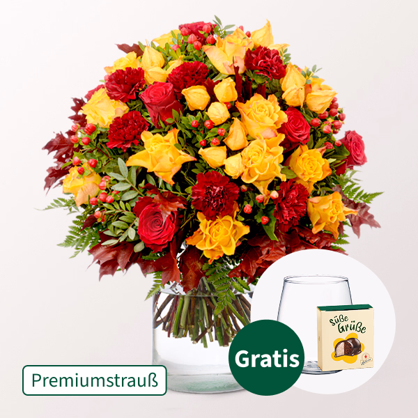 Premiumstrauß Herbstfeuer mit Premiumvase & Halloren Kugeln