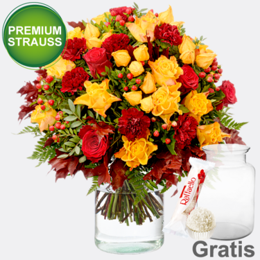 Premiumstrauß Herbstfeuer mit Premiumvase & Ferrero Raffaello