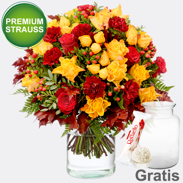 Premiumstrauß Herbstfeuer mit Premiumvase & Ferrero Raffaello