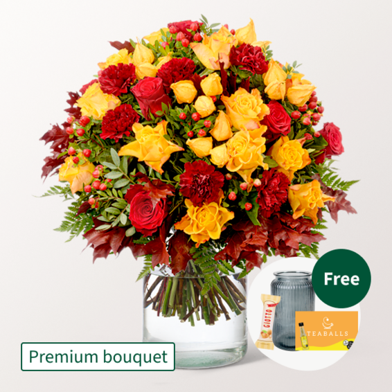 Premium Bouquet Herbstfeuer with Premium Vase & Teaballs & 3 Ferrero Giotto