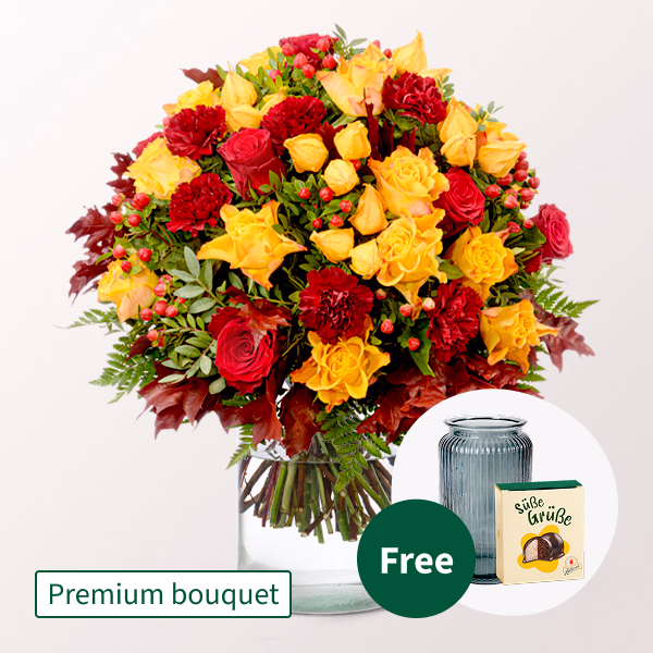 Premium Bouquet Herbstfeuer with Premium Vase & Halloren Balls