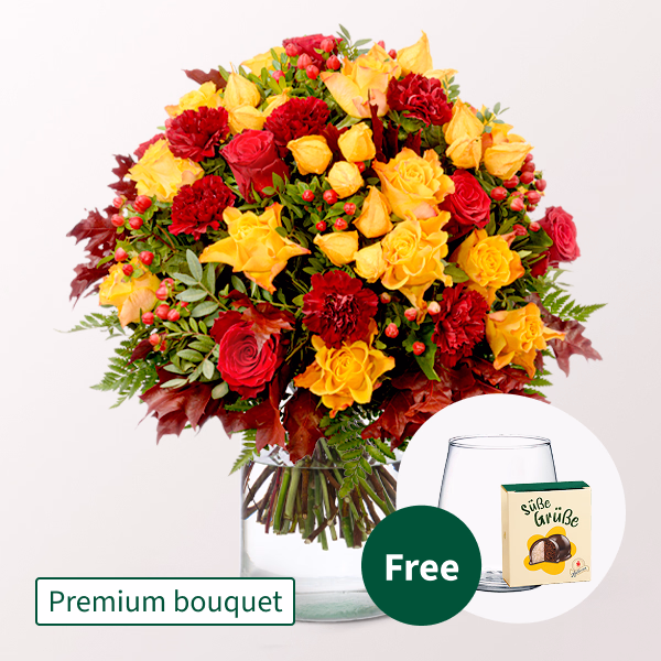 Premium Bouquet Herbstfeuer with Premium Vase & Halloren Balls