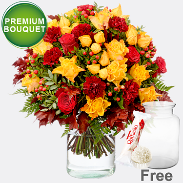 Premium Bouquet Herbstfeuer with premium vase & Ferrero Raffaello