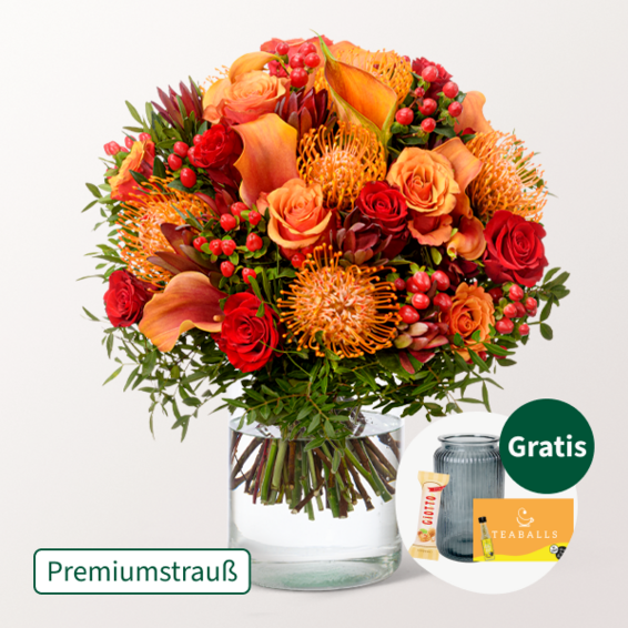 Premiumstrauß Herbstblüte mit Premiumvase & Teaballs & Ferrero Giotto 3er