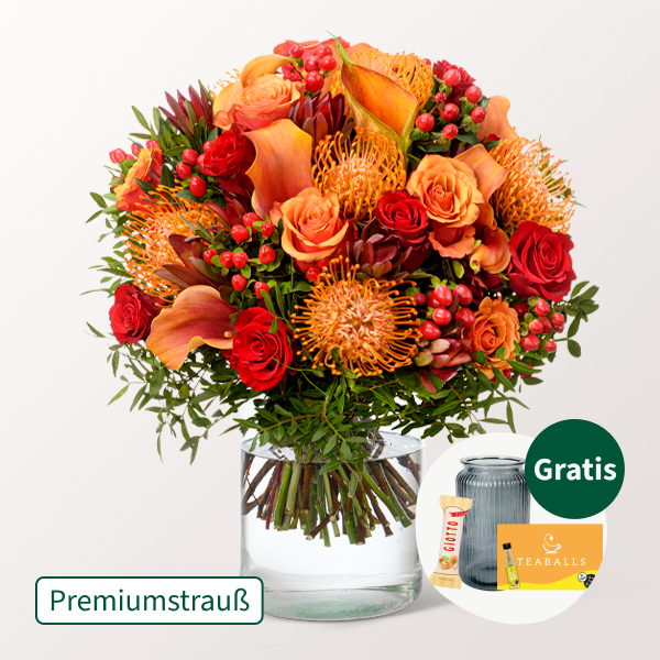 Premiumstrauß Herbstblüte mit Premiumvase & Ferrero Giotto 3er & Teaballs