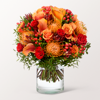Premiumstrauß Herbstblüte mit Premiumvase & Teaballs & Ferrero Giotto 3er