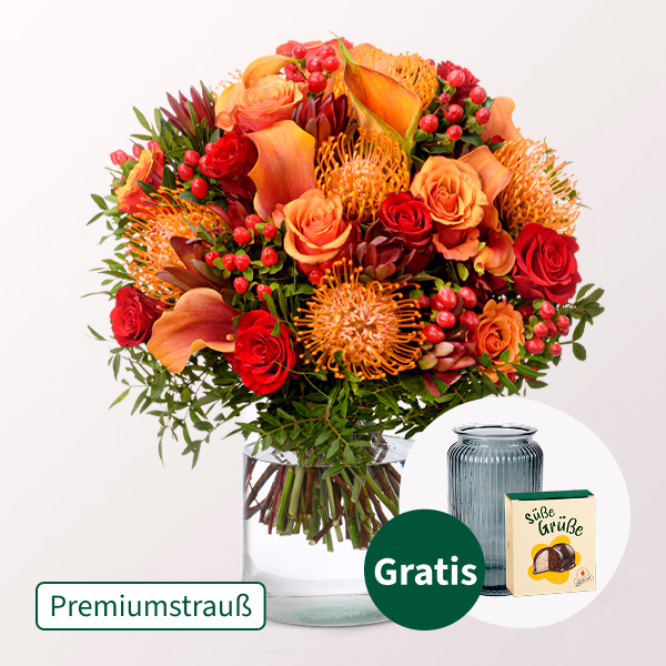 Premiumstrauß Herbstblüte mit Premiumvase & Halloren Kugeln