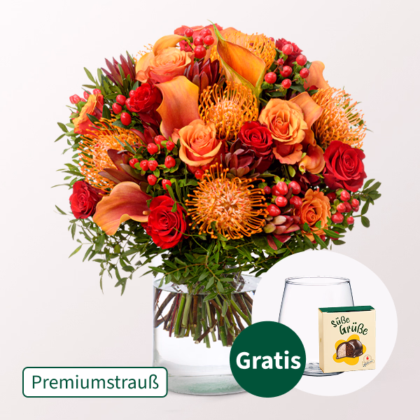 Premiumstrauß Herbstblüte mit Premiumvase & Halloren Kugeln