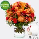 Premiumstrauß Herbstblüte mit Premiumvase & Ferrero Raffaello