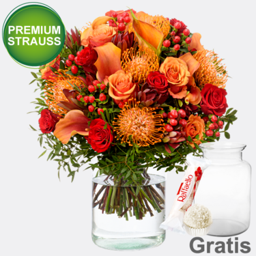 Premiumstrauß Herbstblüte mit Premiumvase & Ferrero Raffaello