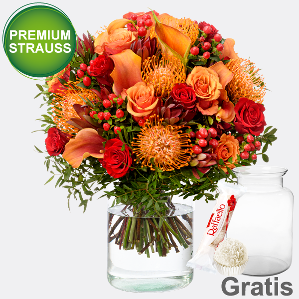Premiumstrauß Herbstblüte mit Premiumvase & Ferrero Raffaello
