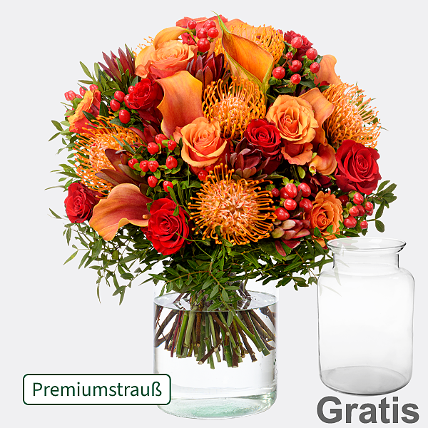 Premiumstrauß Herbstblüte mit Premiumvase